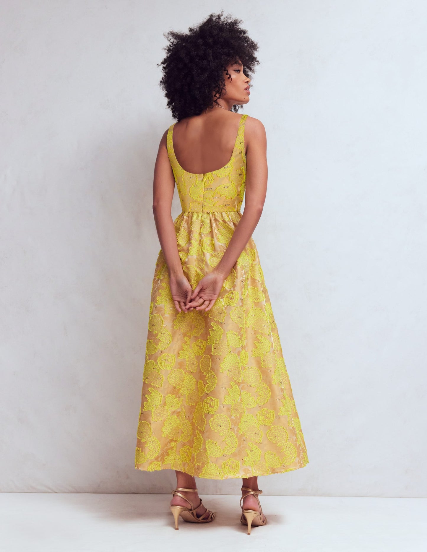 Scoop Neck Jacquard Dress-Yellow Jacquard