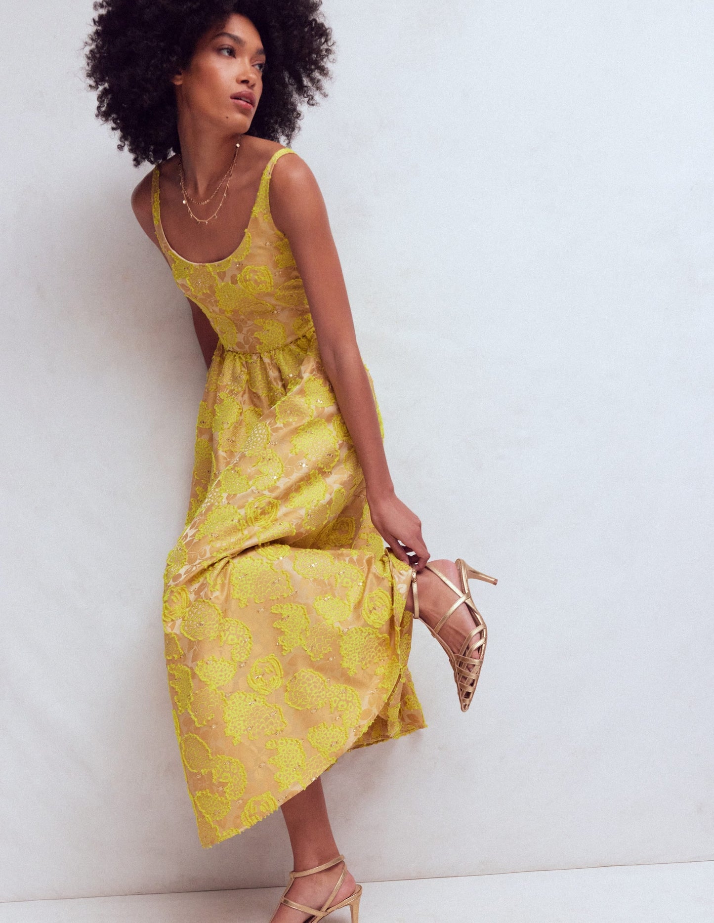 Scoop Neck Jacquard Dress-Yellow Jacquard