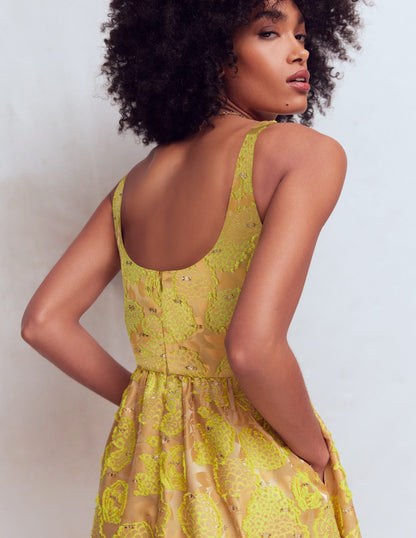 Scoop Neck Jacquard Dress-Yellow Jacquard