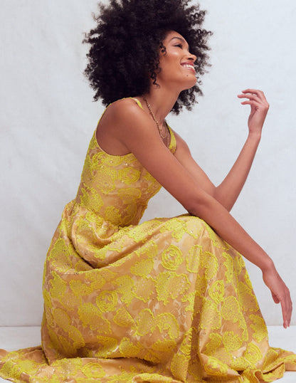 Scoop Neck Jacquard Dress-Yellow Jacquard
