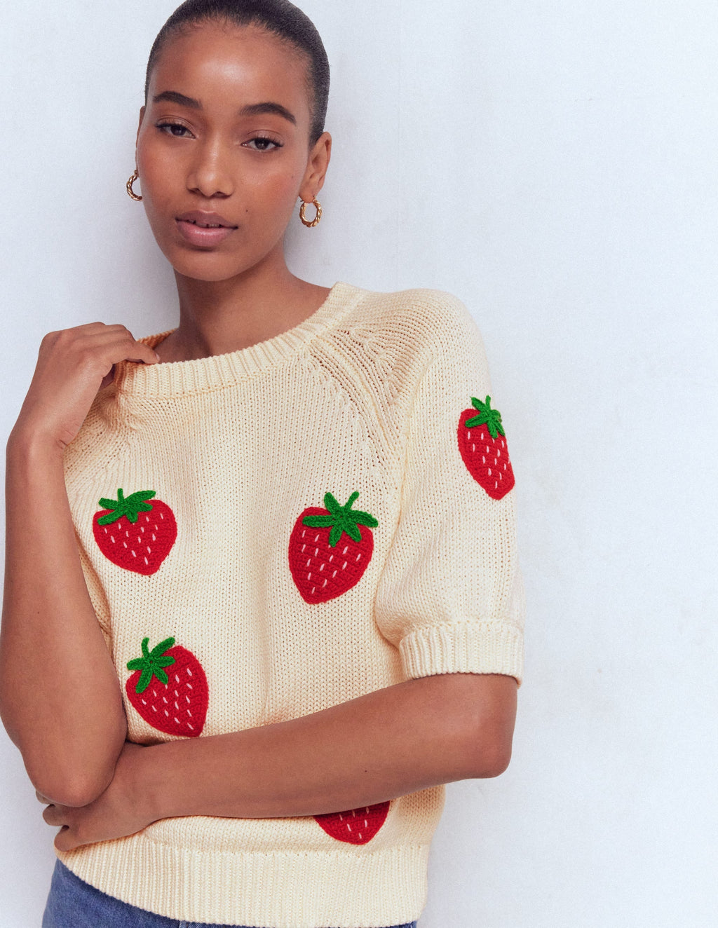 Margot Puff Sleeve T-Shirt-Warm Ivory Strawberry