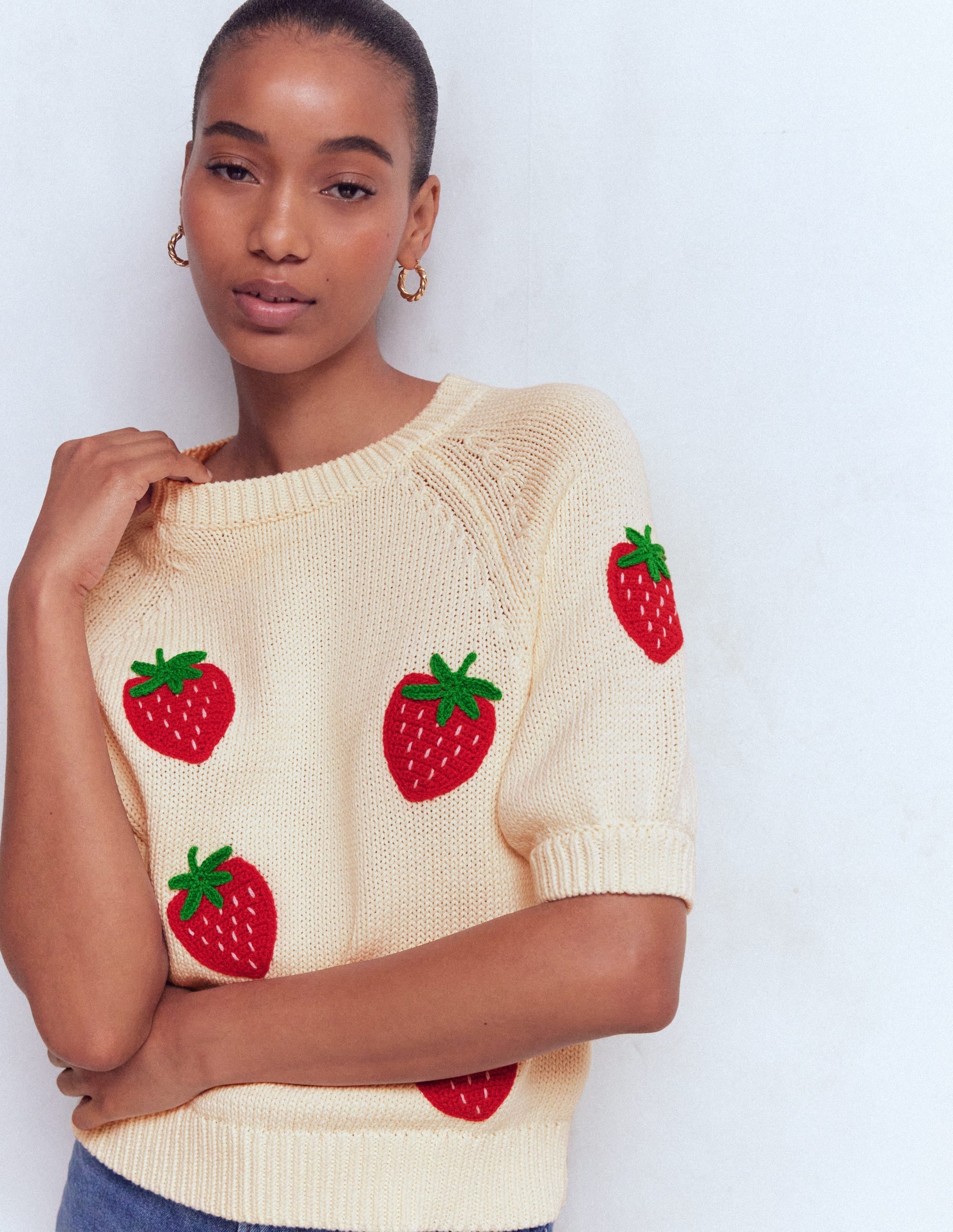 Margot Puff Sleeve T-Shirt-Warm Ivory Strawberry
