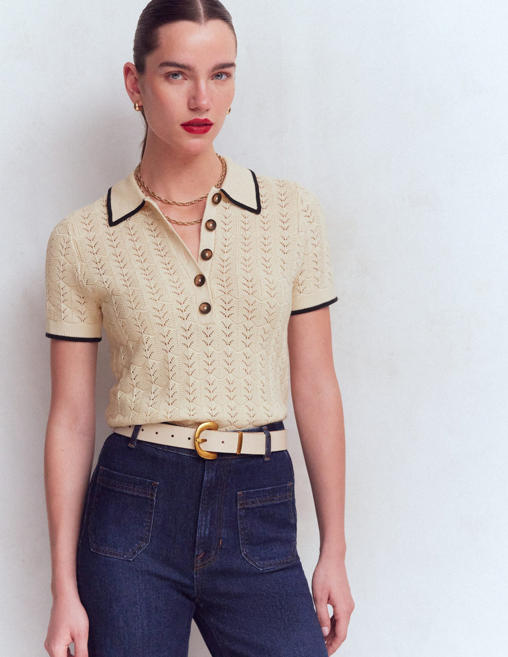 Pointelle Henley T-shirt-Cream