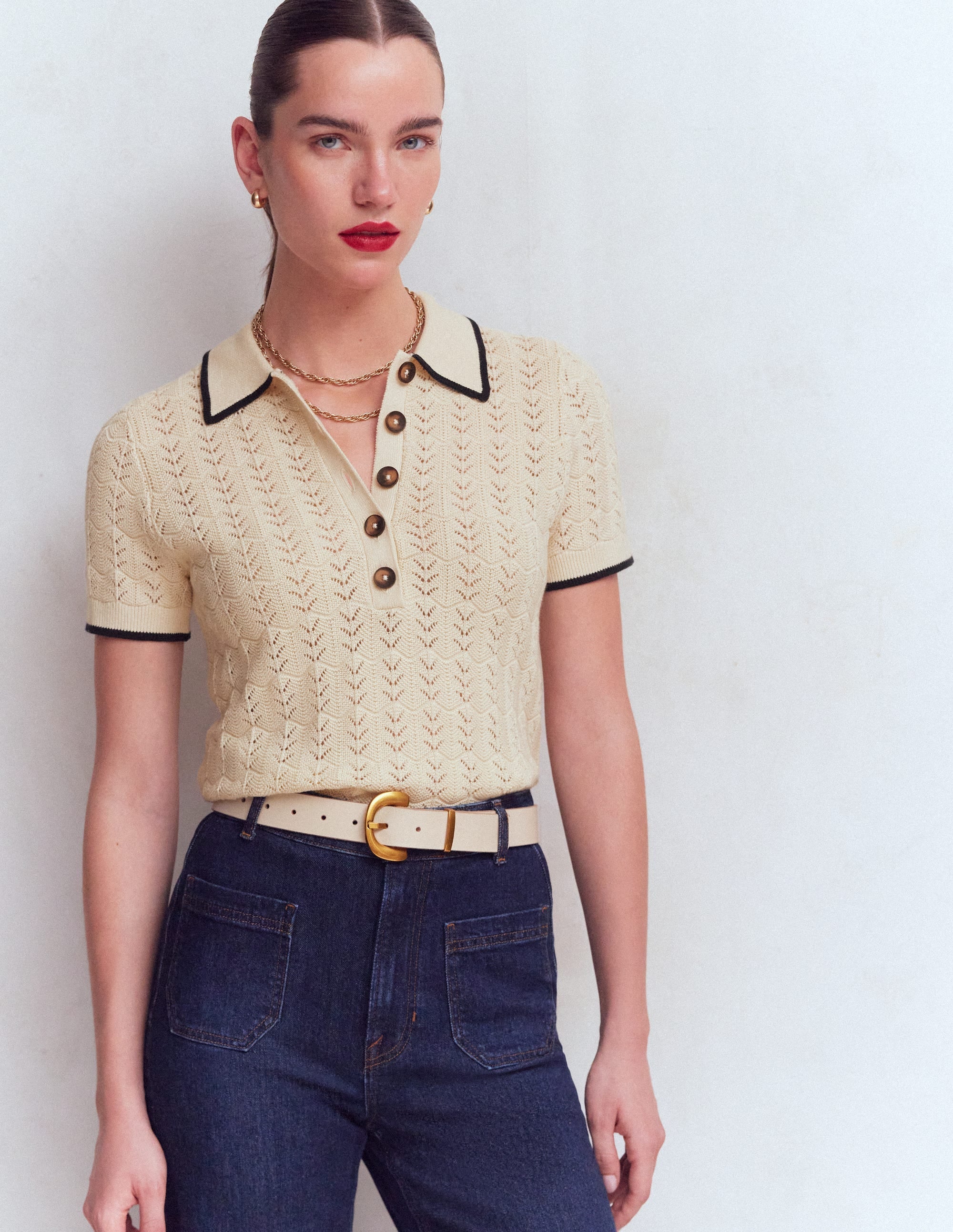 Pointelle Henley T-shirt-Cream