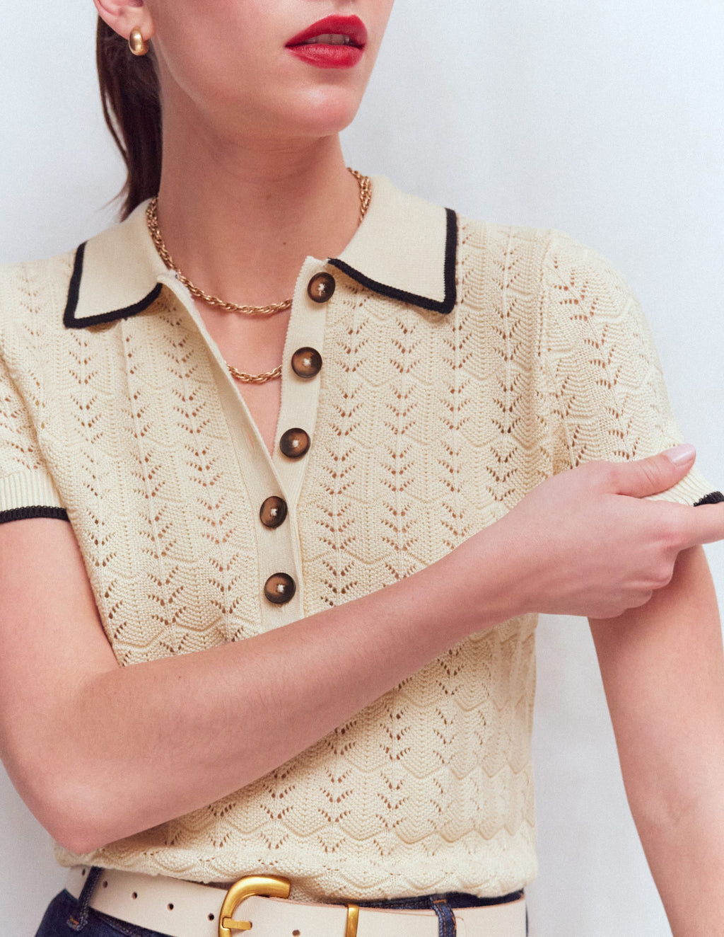 Pointelle Henley T-shirt-Cream