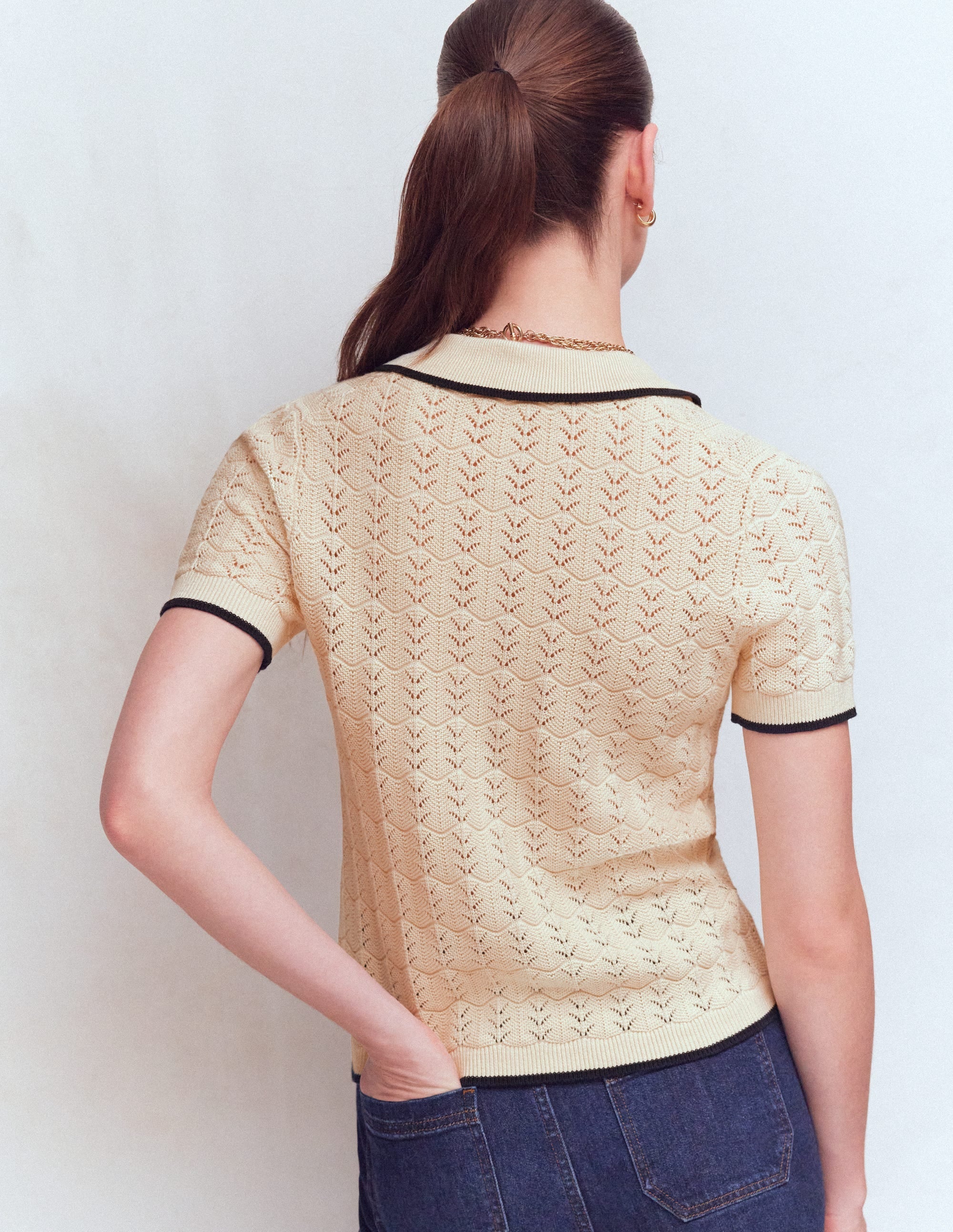 Pointelle Henley T-shirt-Cream