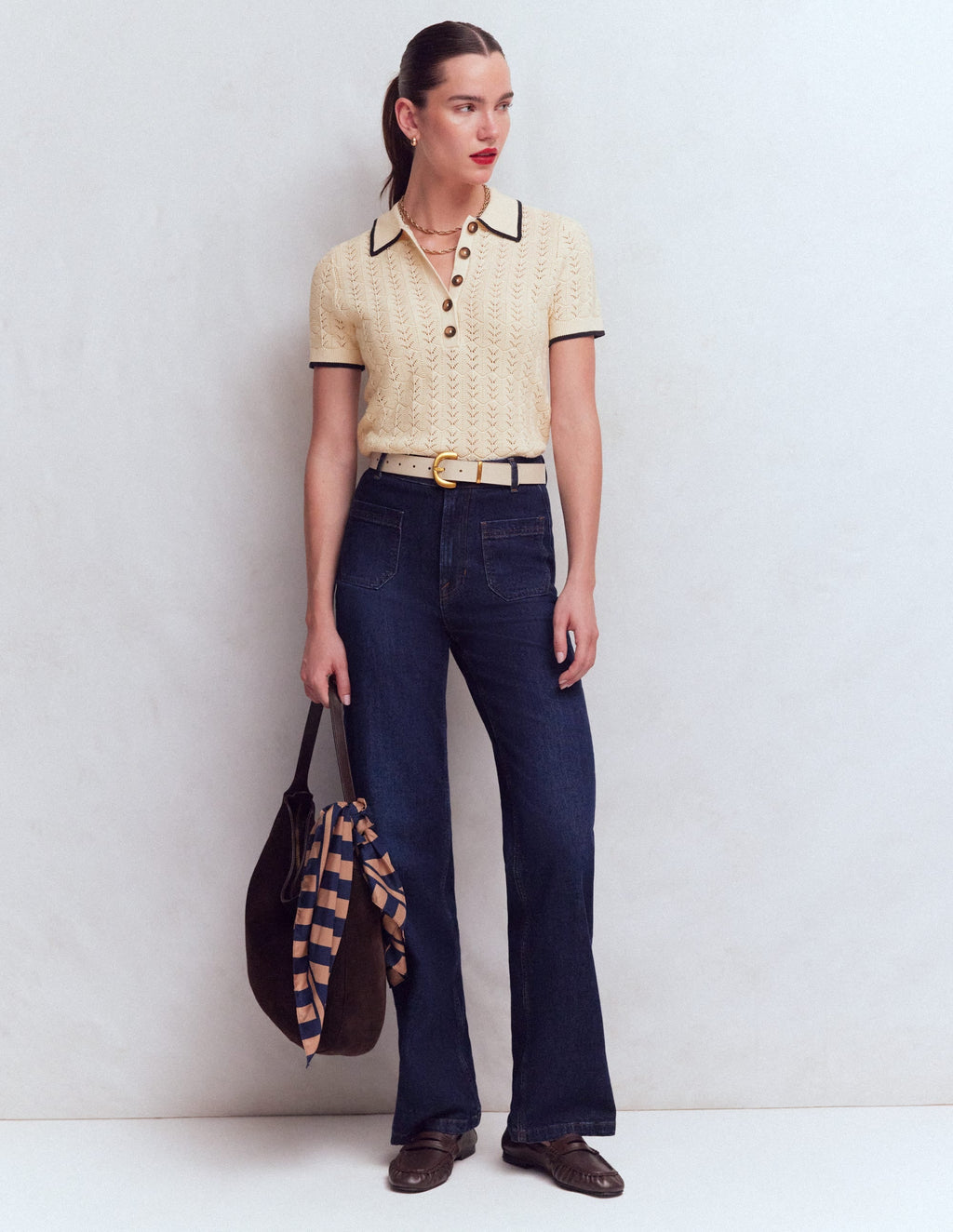 Pointelle Henley T-shirt-Cream