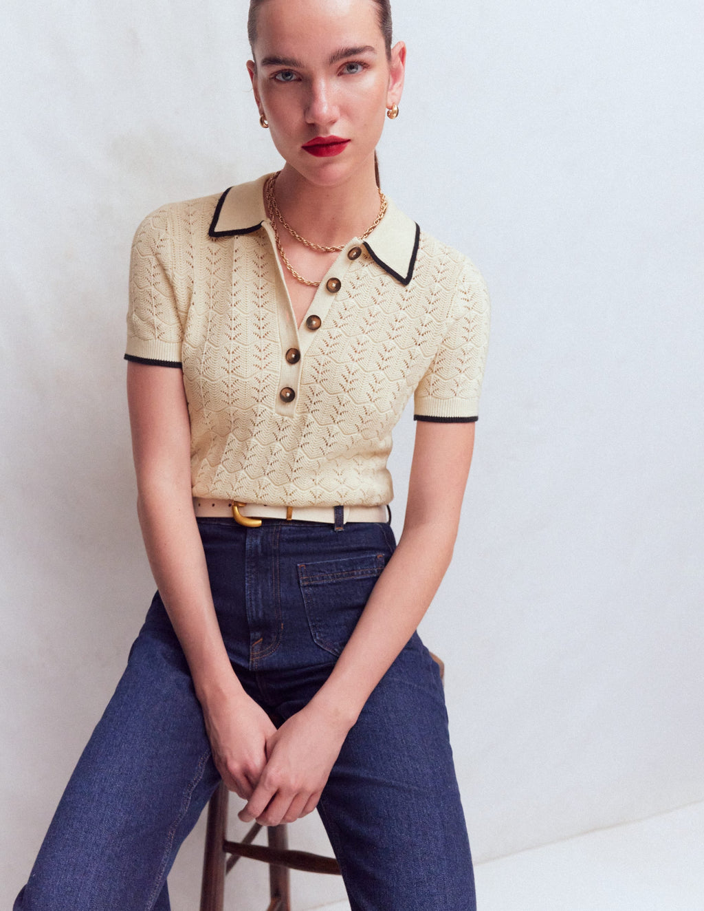 Pointelle Henley T-shirt-Cream