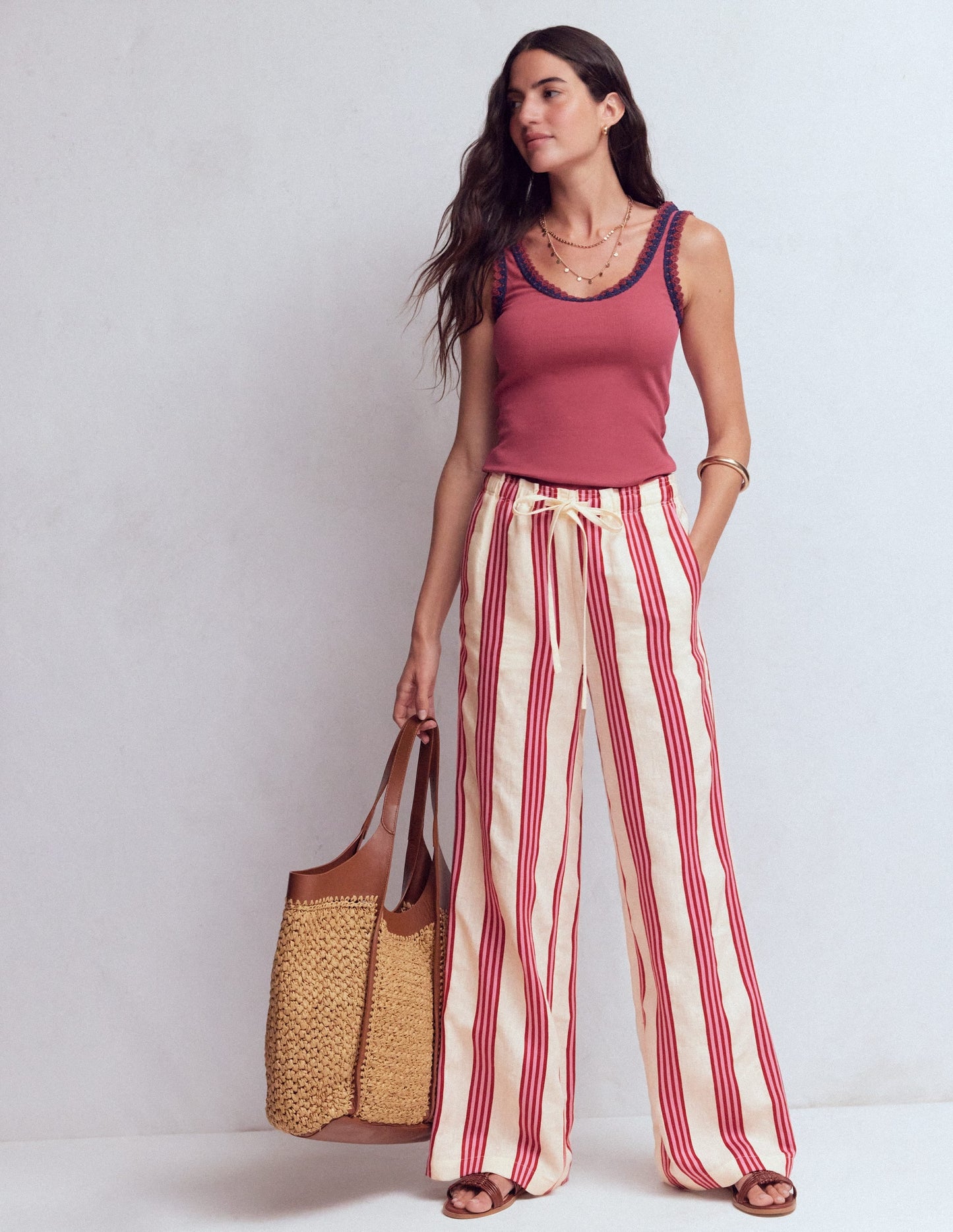 Islington Linen Pants-Ivory, Brown & Pink Stripe