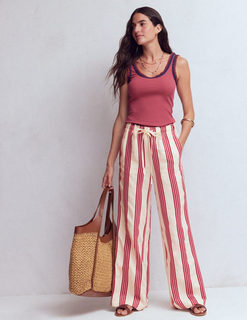Islington Linen Pants-Ivory, Brown & Pink Stripe