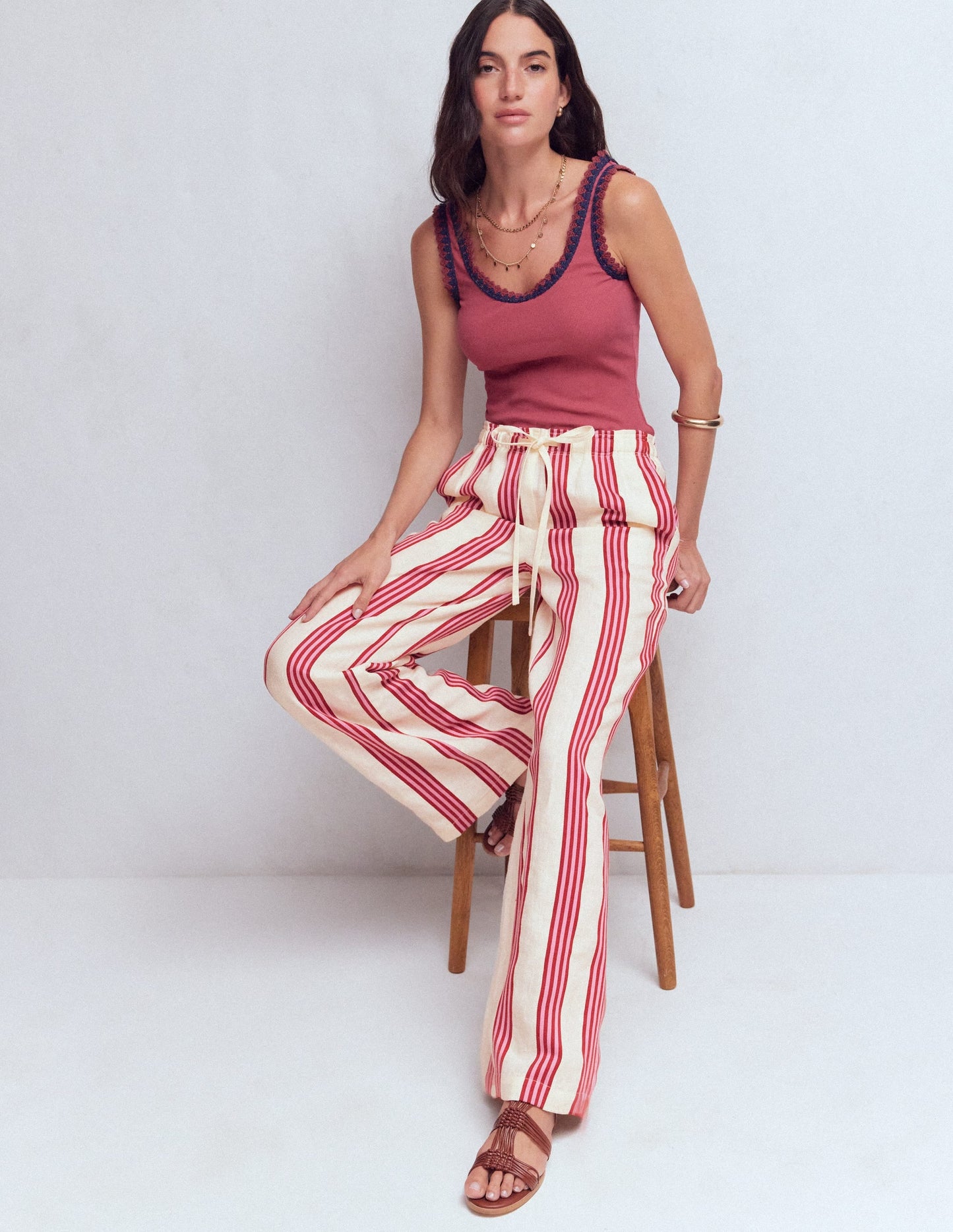 Islington Linen Pants-Ivory, Brown & Pink Stripe