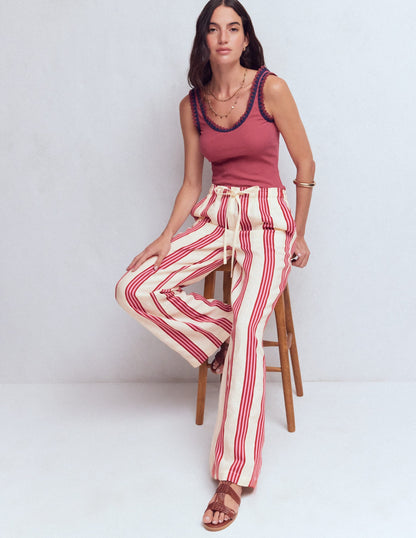 Islington Linen Pants-Ivory, Brown & Pink Stripe