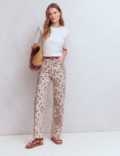 Straight Leg Pocket Jeans-Ivory Floral
