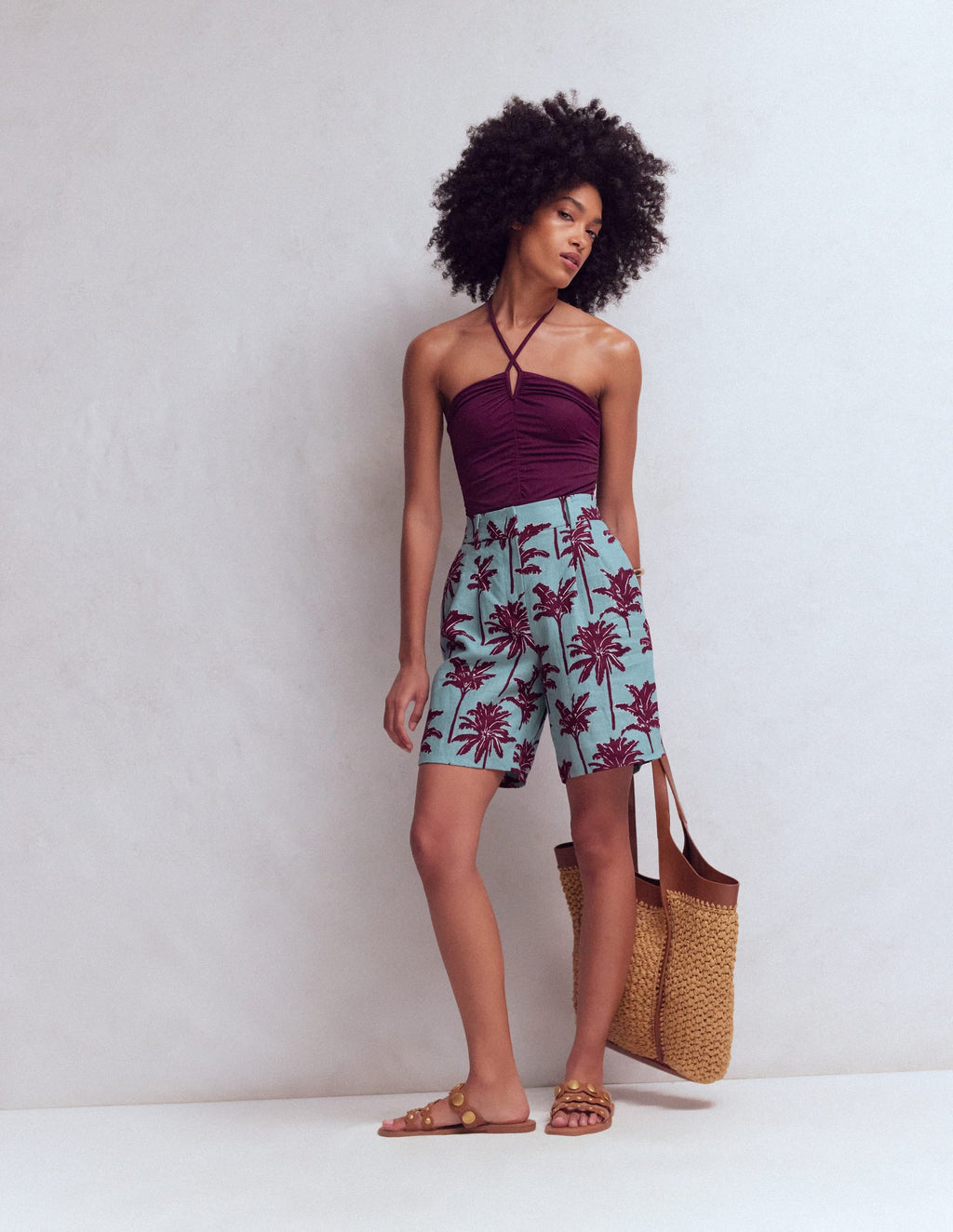 Kensington Linen Shorts-Seamist Blue, Palm Paradise