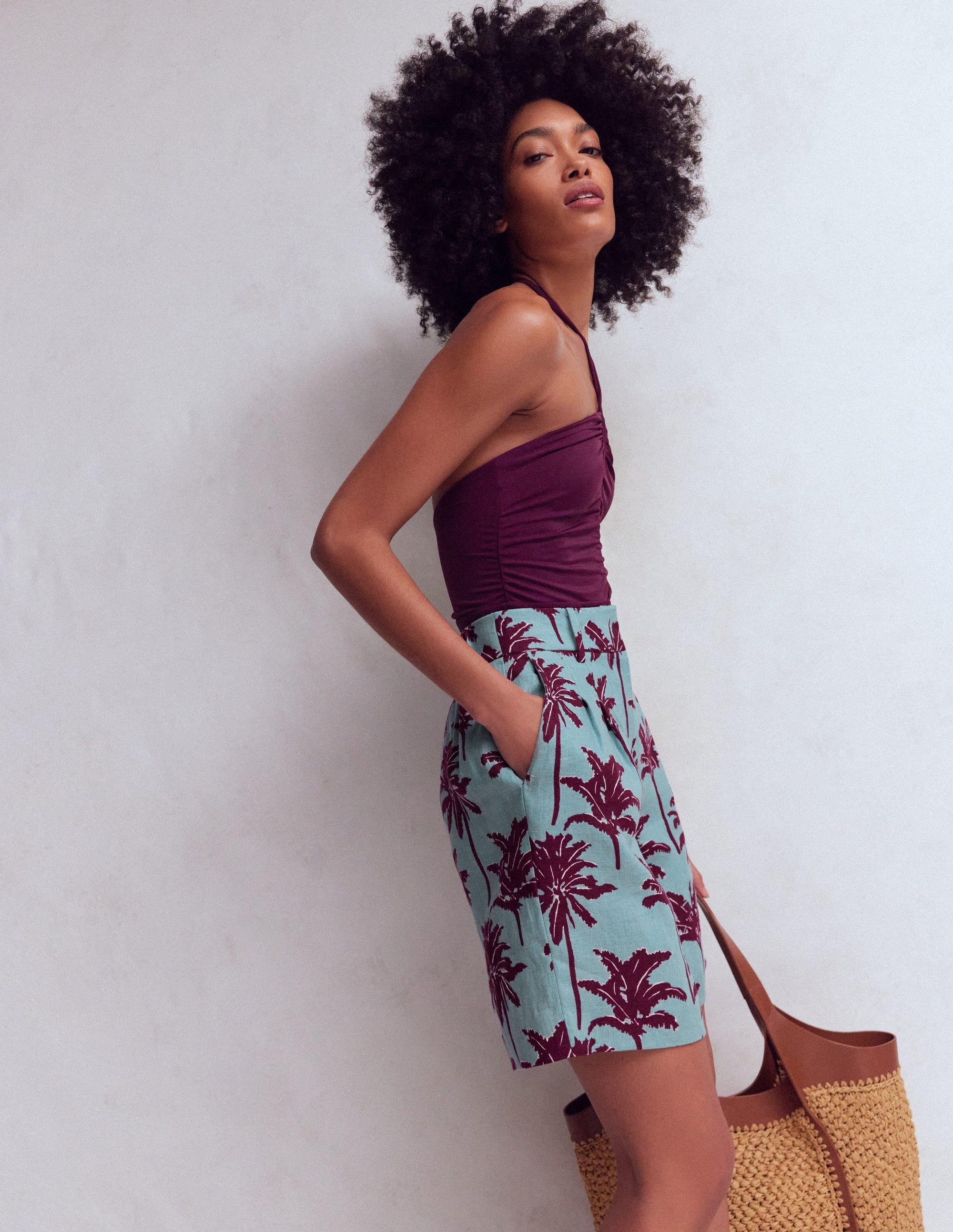 Kensington Linen Shorts-Seamist Blue, Palm Paradise