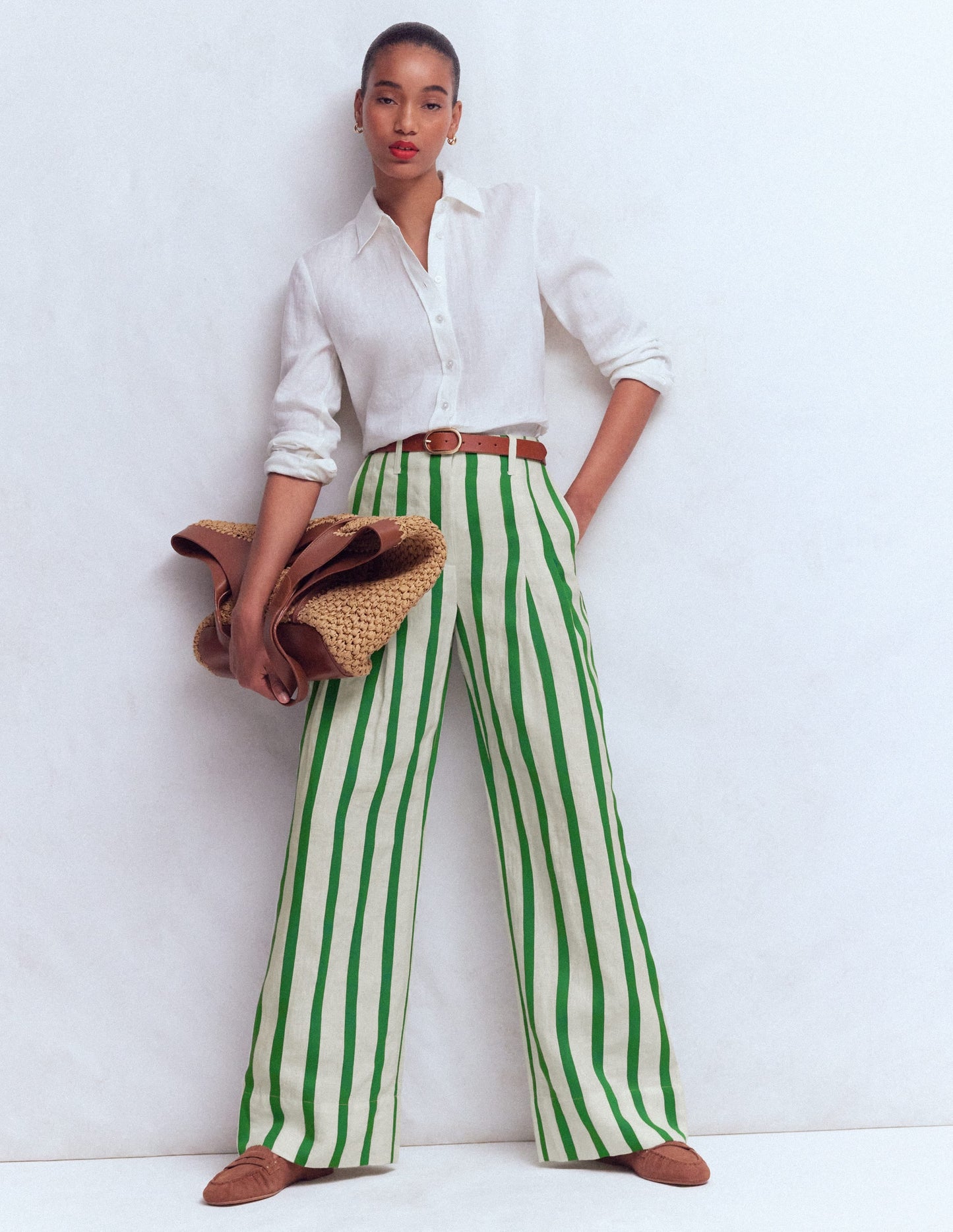 Mayfair Linen Pants-Ivory, Fresh Green Stripe
