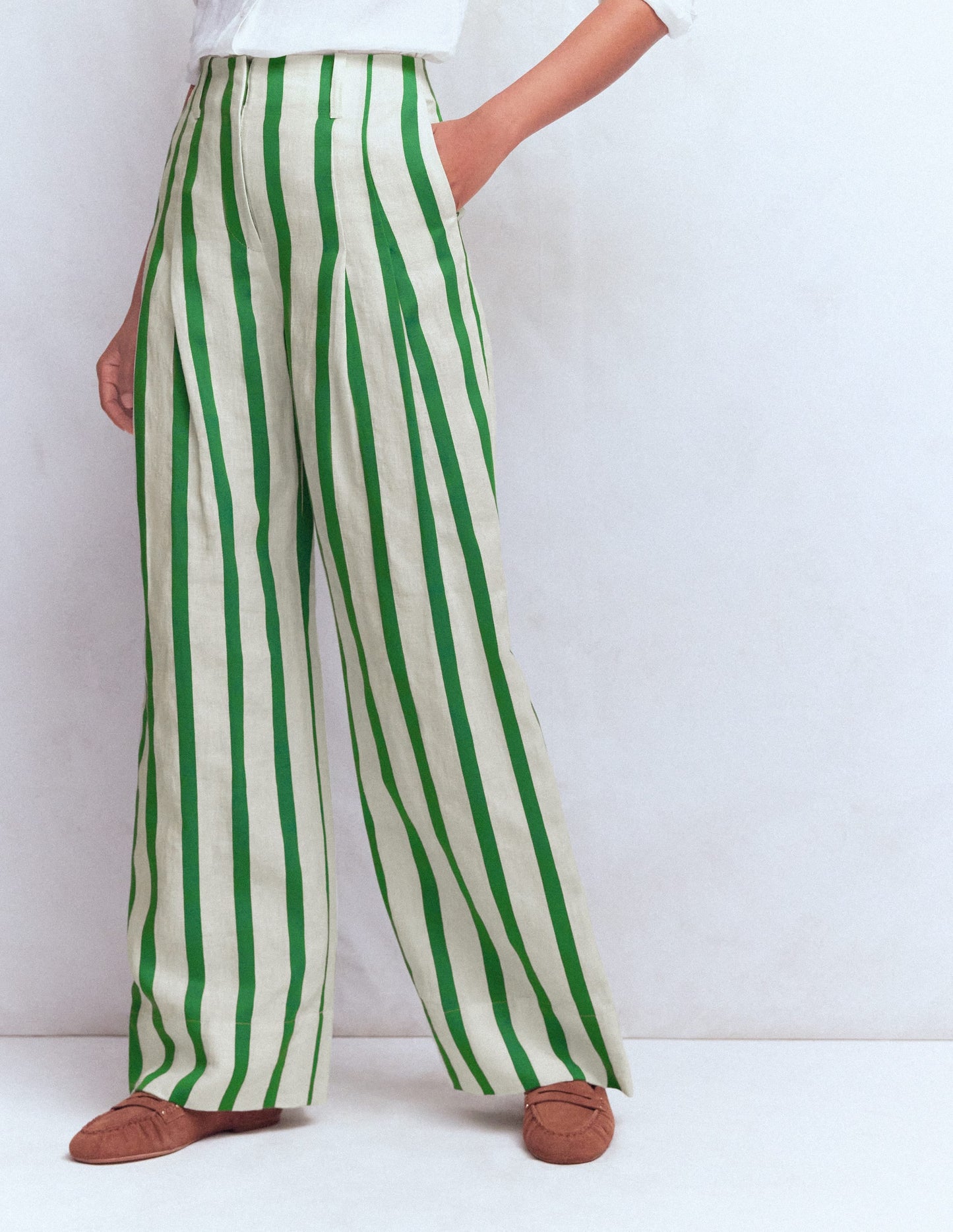 Mayfair Linen Pants-Ivory, Fresh Green Stripe
