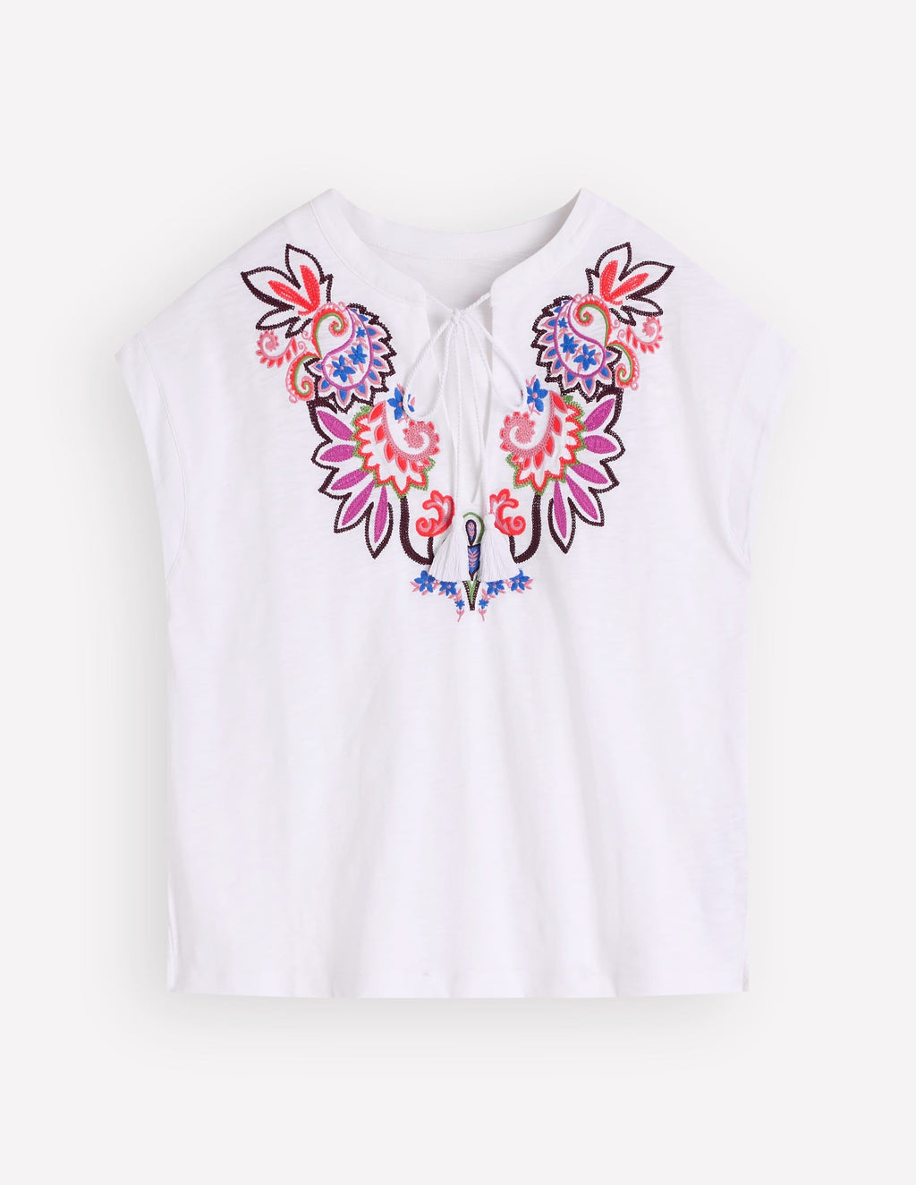 Nina Embroidered Notch T-shirt-White - Multi Embroidery