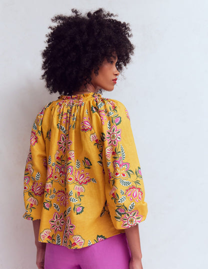 Serena Pleat Neck Linen Top-Marigold, Blossom Elegance