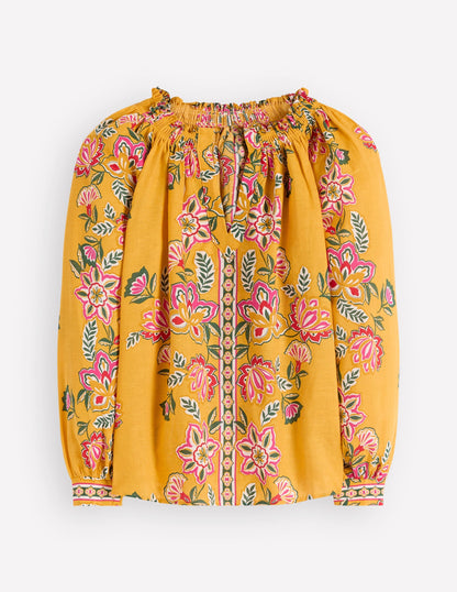 Serena Pleat Neck Linen Top-Marigold, Blossom Elegance