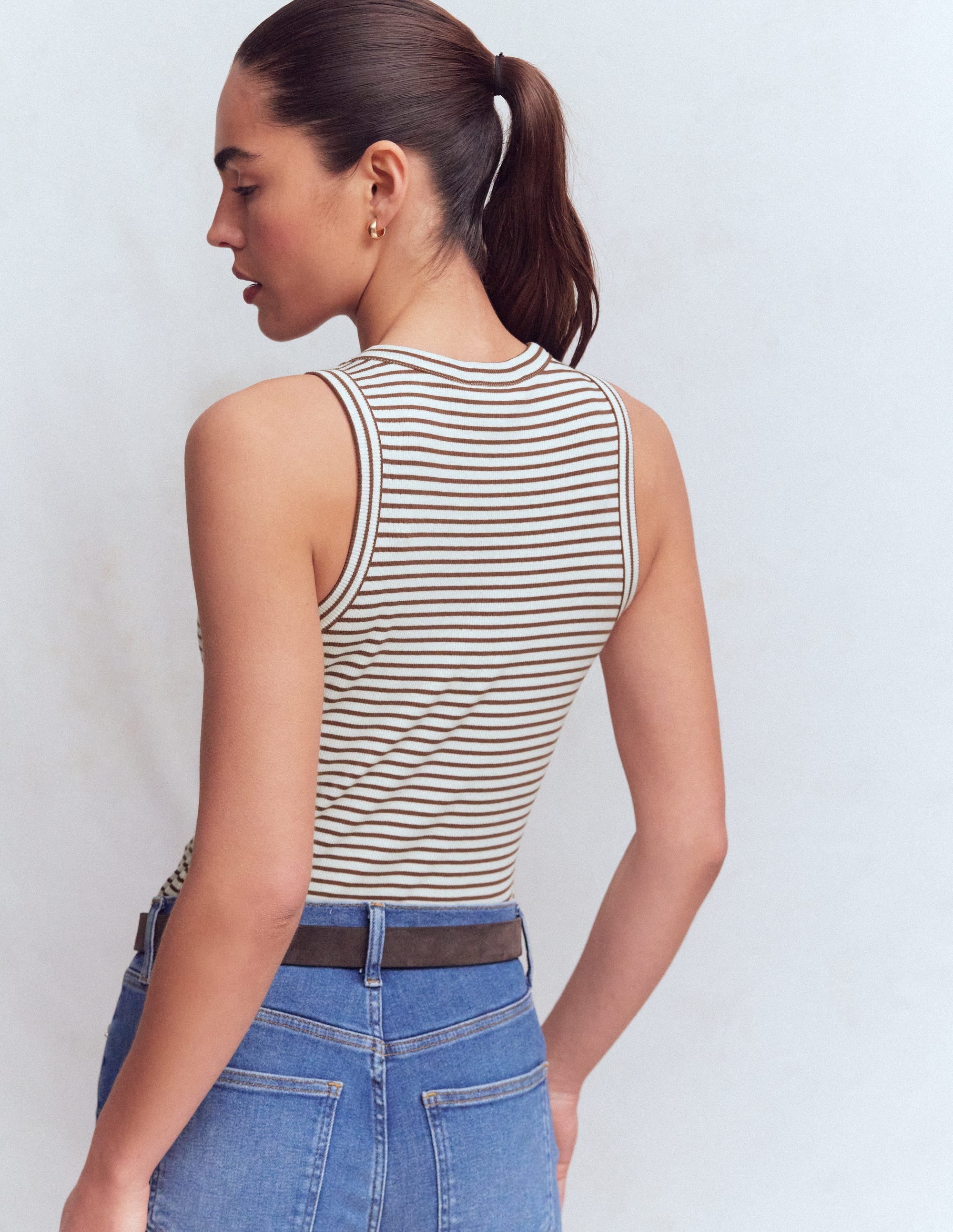 Ribbed Racer Vest-Ivory & Brown Stripe