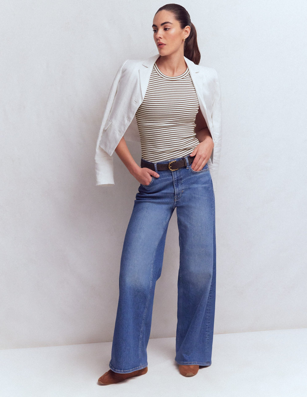 Ribbed Racer Vest-Ivory & Brown Stripe