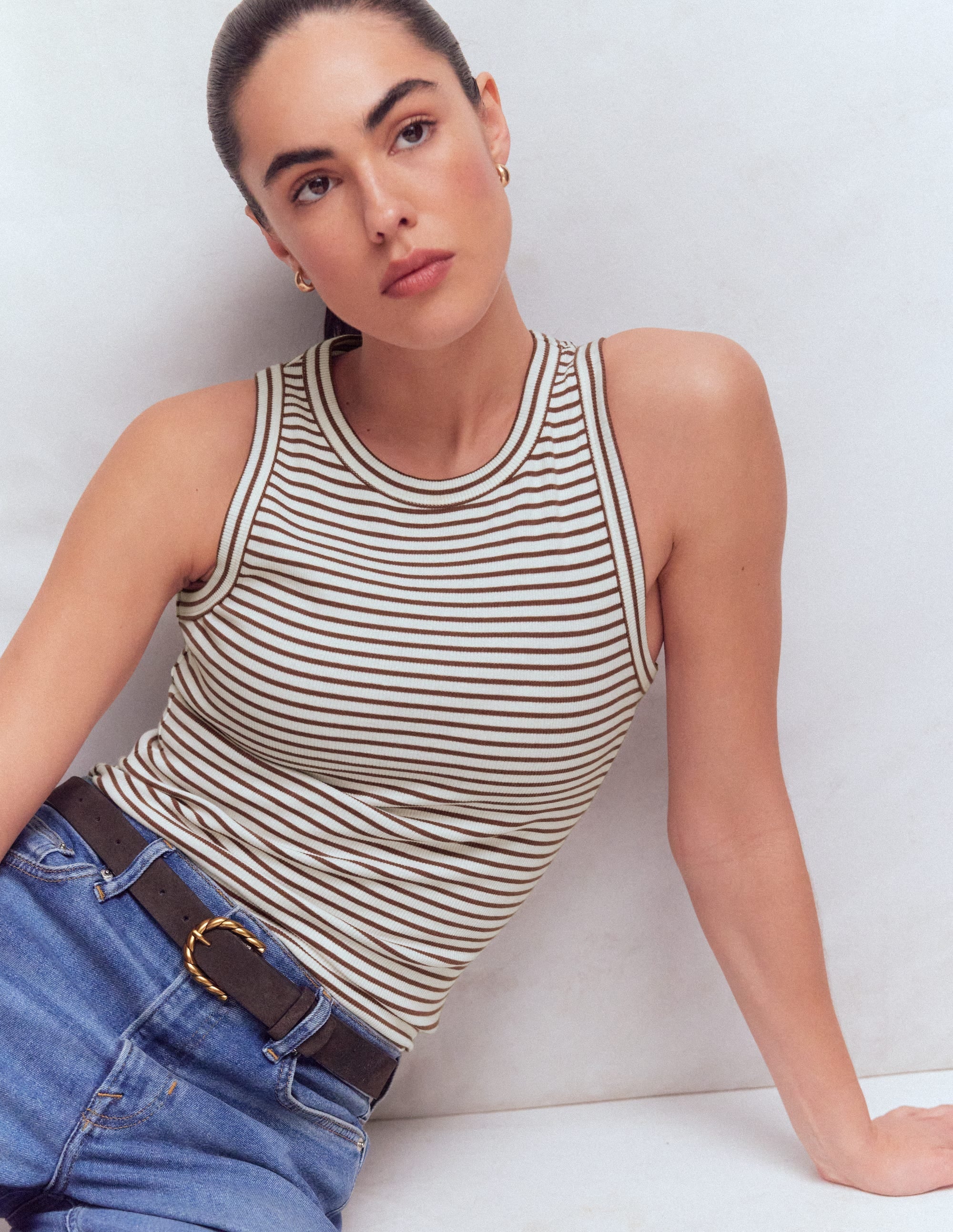 Ribbed Racer Vest-Ivory & Brown Stripe