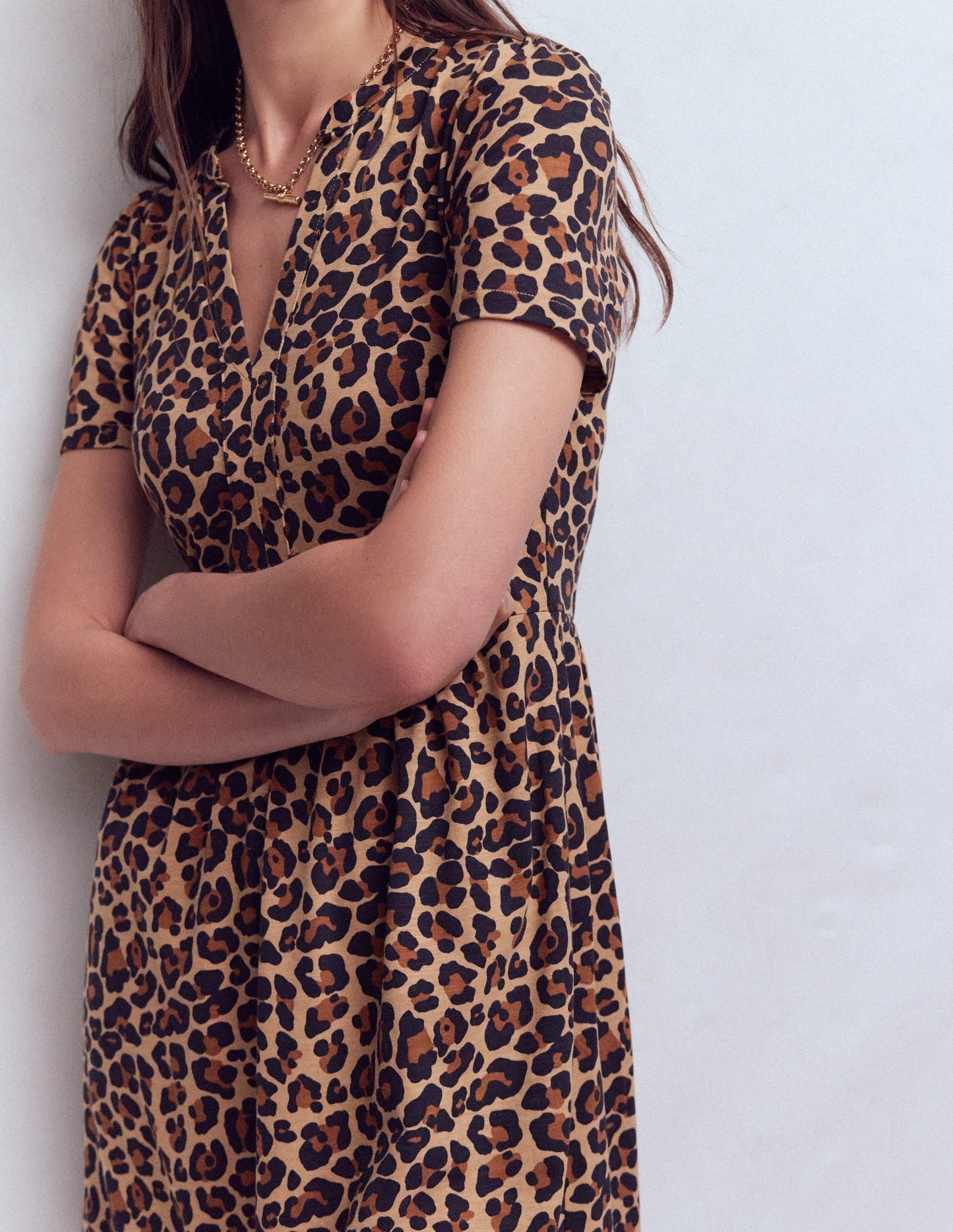 Naomi Short Sleeve Dress-Camel, Cheetah Pop