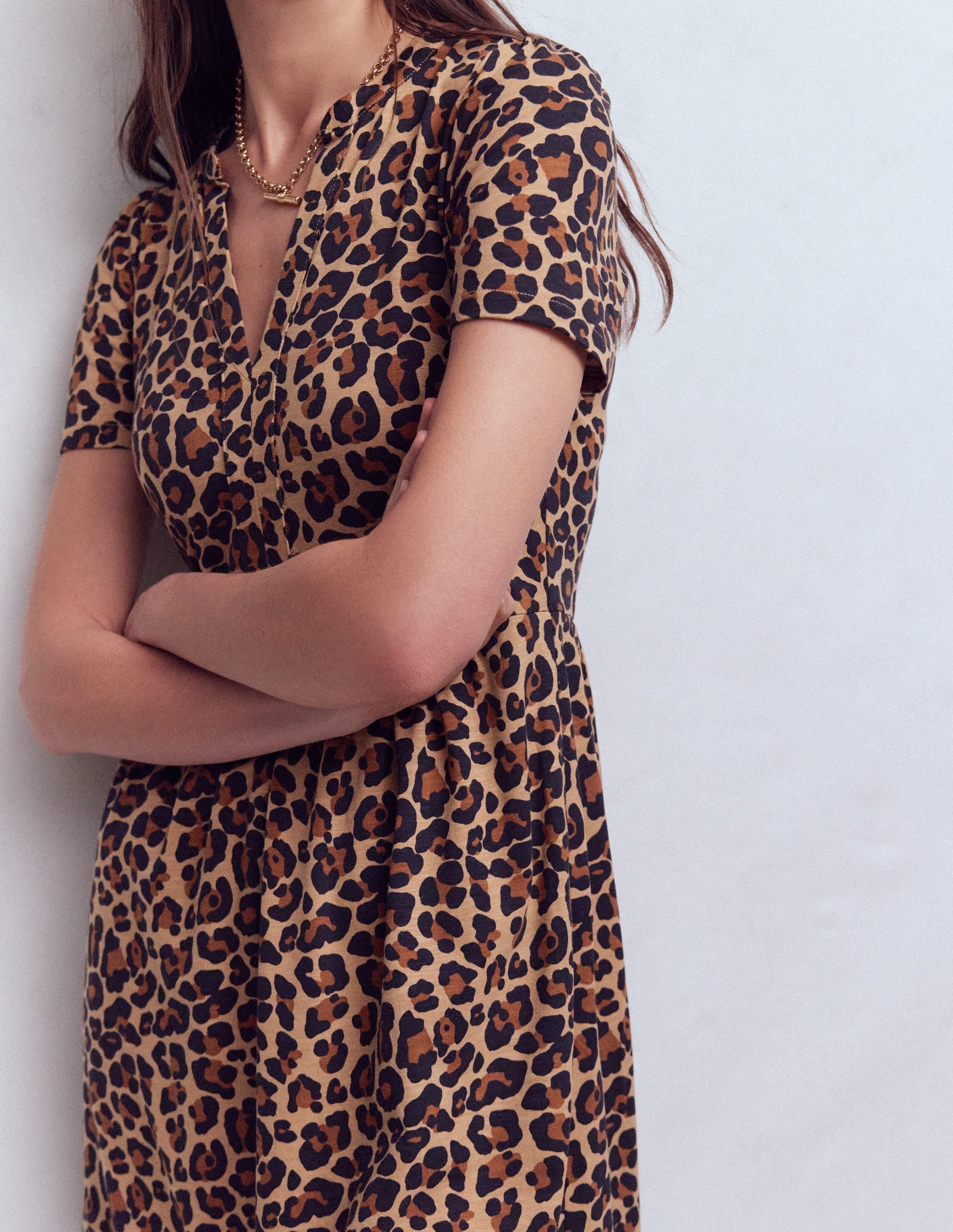 Naomi Short Sleeve Dress-Camel, Cheetah Pop