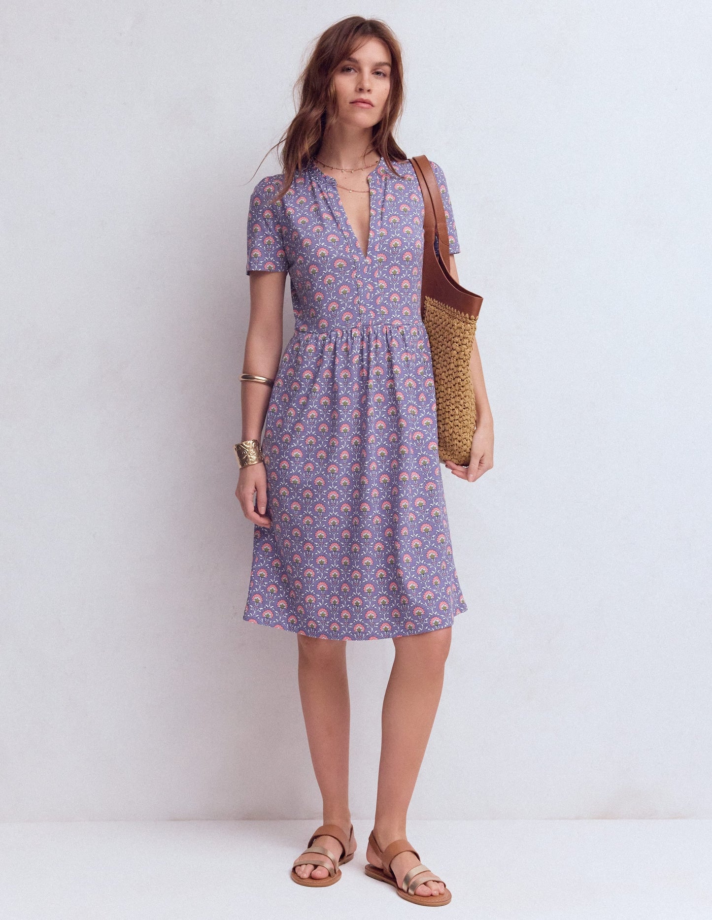 Naomi Short Sleeve Dress-Purple Thistle, Flower Lattice