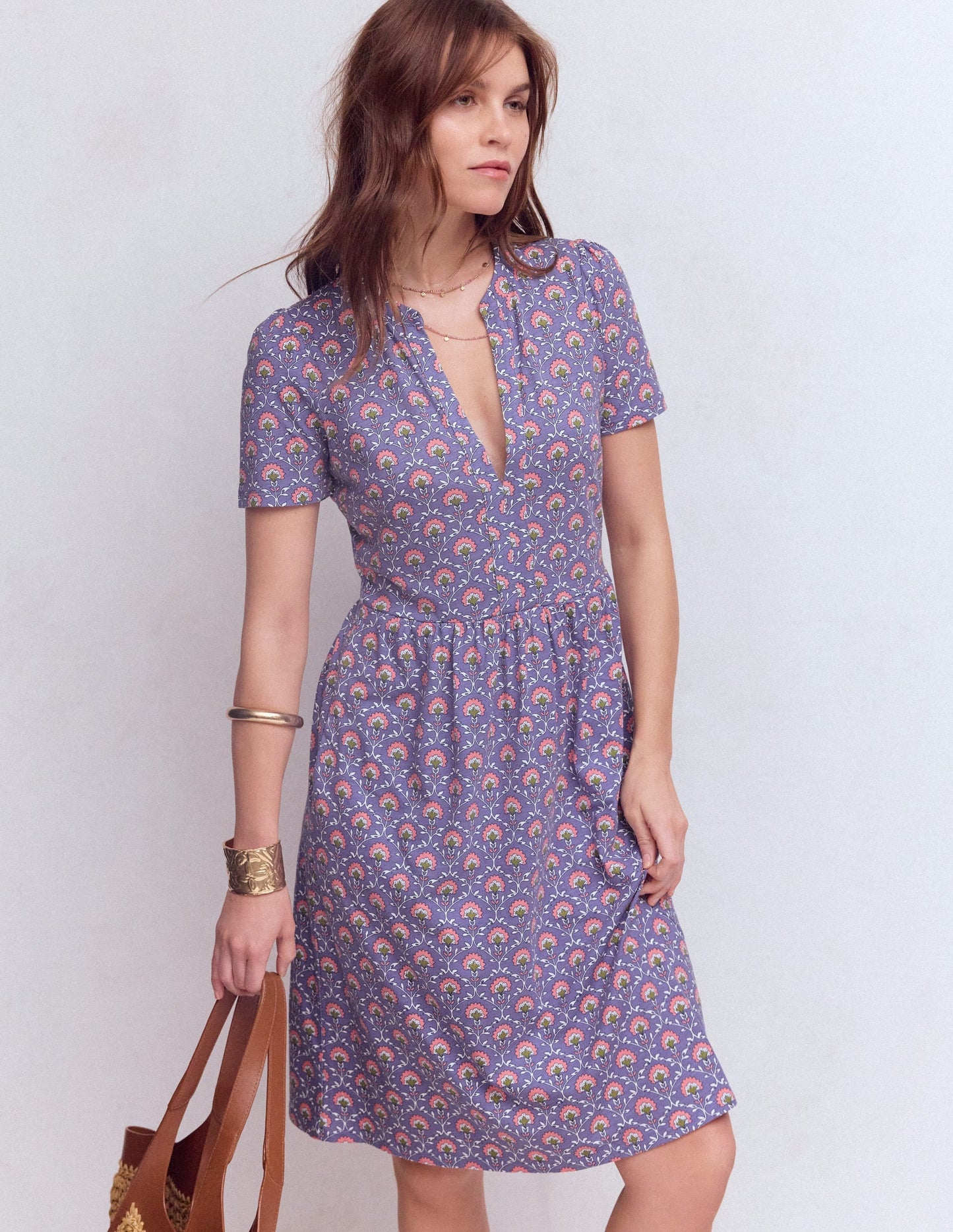 Naomi Short Sleeve Dress-Purple Thistle, Flower Lattice