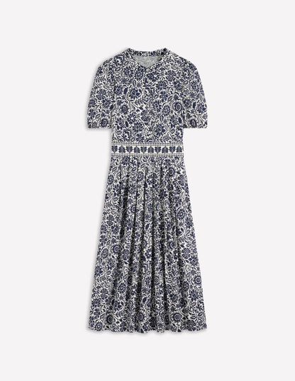 Amber Pleat Jersey Midi Dress-Navy, Meadow Scatter