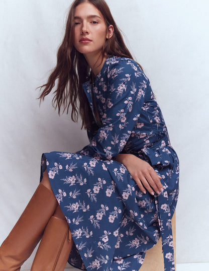 Ava Cotton Midi Dress-Denim Blue, Blossomy Sprig
