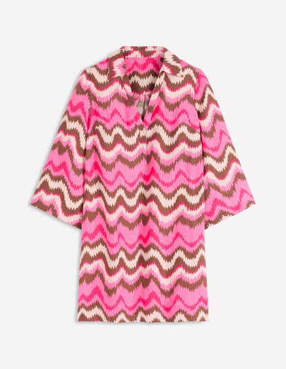 Carmen Linen Short Dress-Pink, Zig Zag Wave