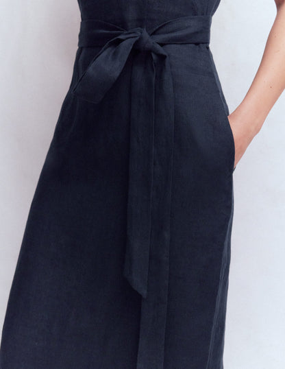 Rosa Halter Linen Midi Dress-Navy