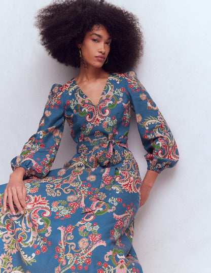 Florence Linen Blend Dress-Blue, Enchanting Bouquet