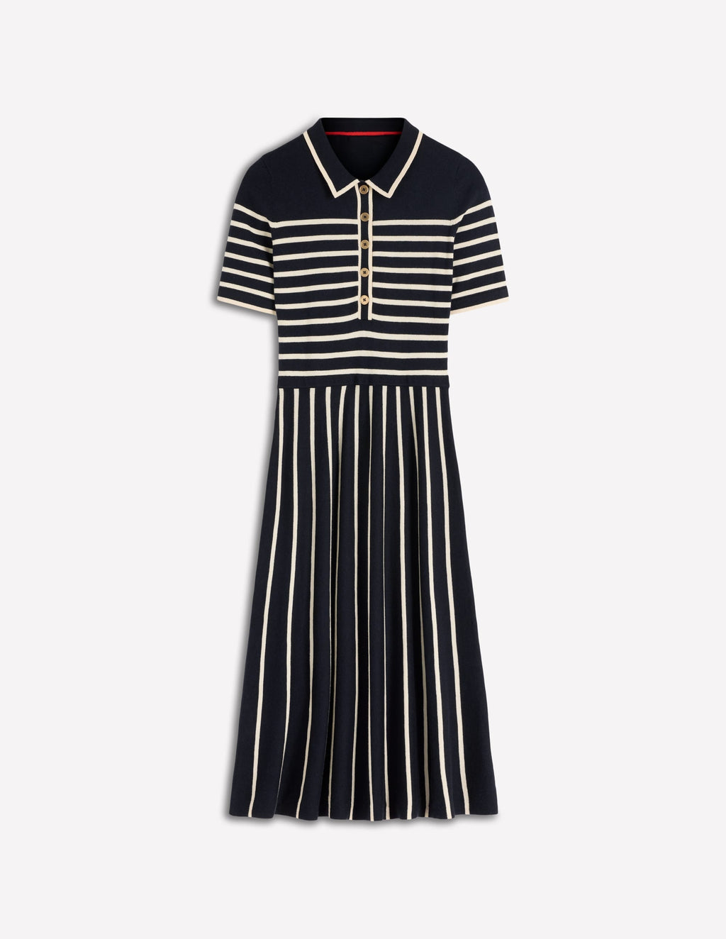 Collared Knitted Midi Dress-French Navy and Ivory Stripe