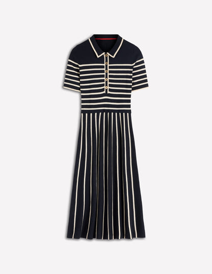 Collared Knitted Midi Dress-French Navy and Ivory Stripe