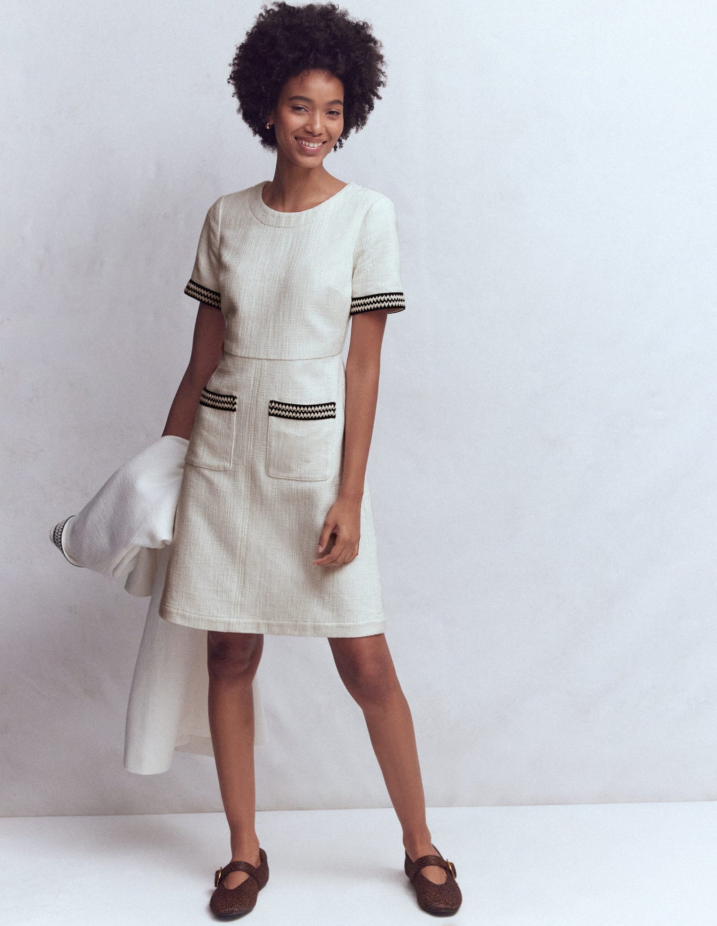 A-line Trim Short Dress-Ivory