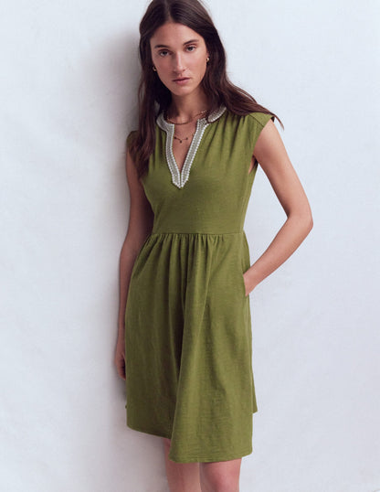 May Embroidered Short Dress-Olive