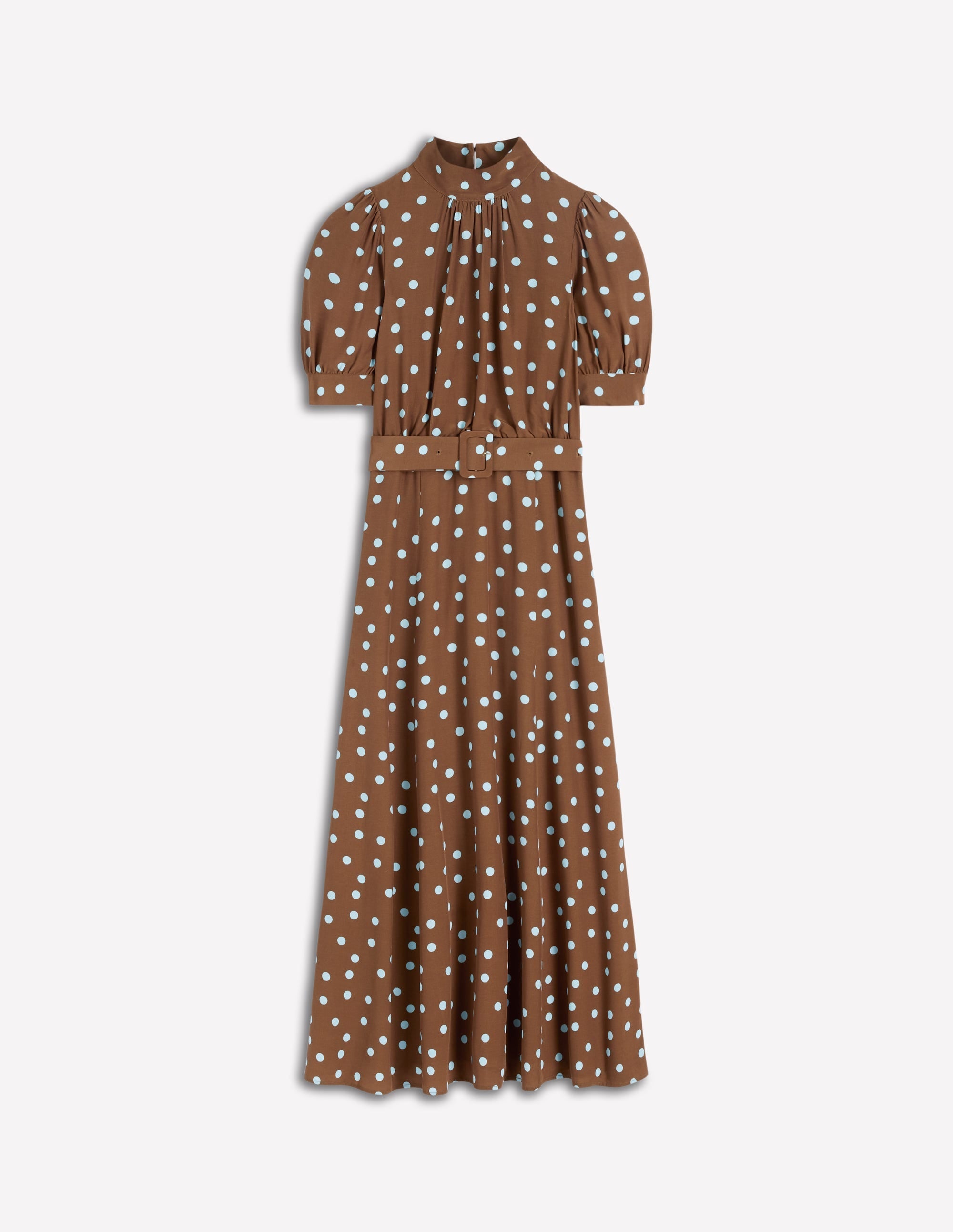 High Neck Belted Dress-Raw Umber, Painted Dot