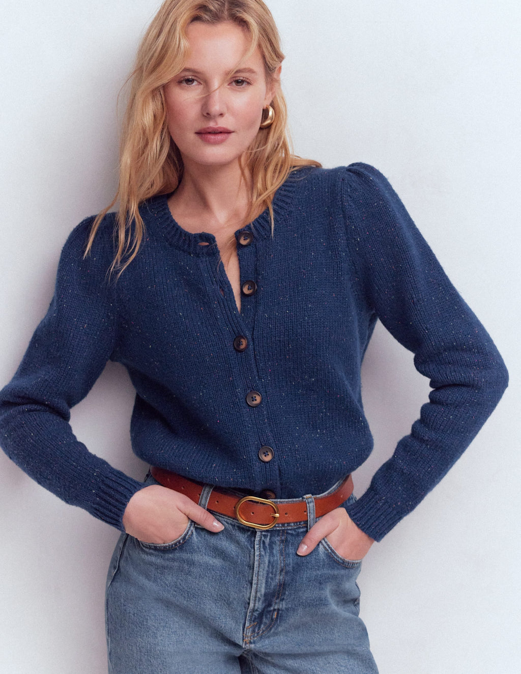 Davina Puff Sleeve Cardigan-Blue, Nep