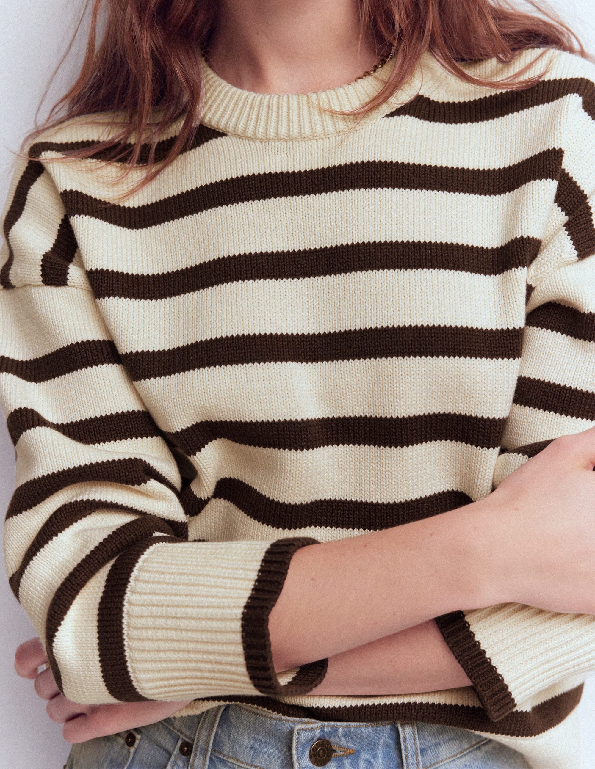 Lucy Relaxed Cotton Sweater-Ivory, Brown