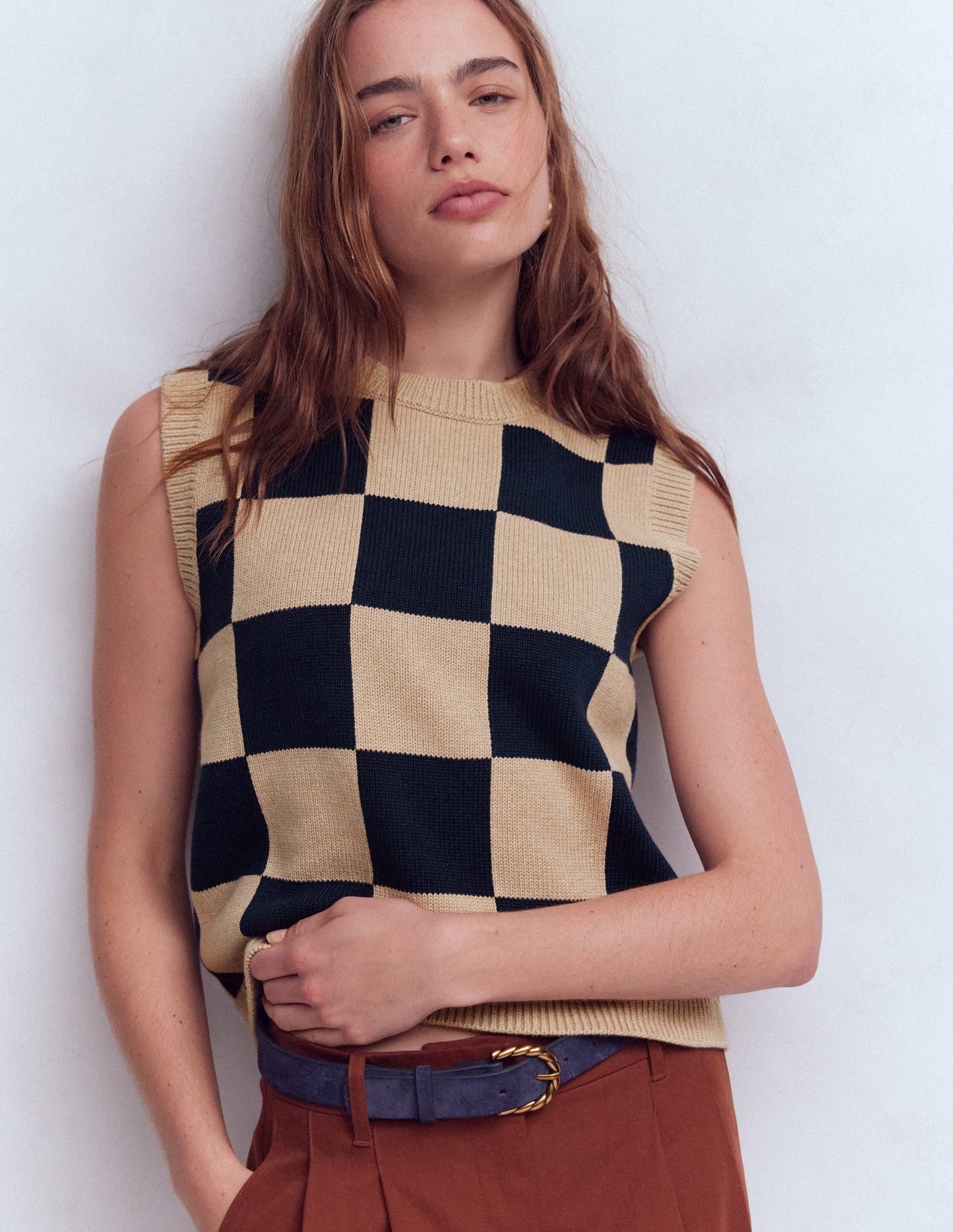 Lucy Cotton Vest-Camel / Navy Check