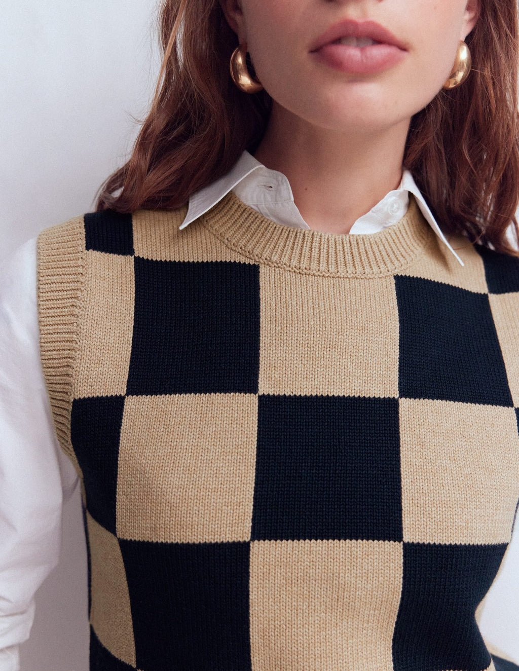 Lucy Cotton Vest-Camel / Navy Check