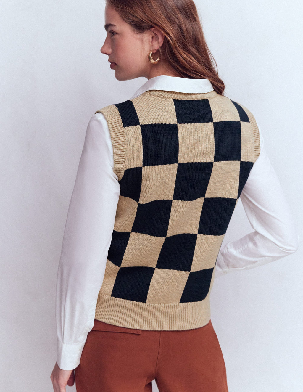 Lucy Cotton Vest-Camel / Navy Check