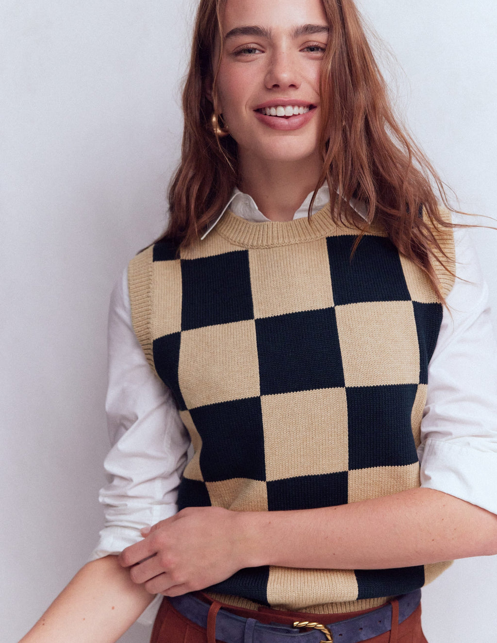 Lucy Cotton Vest-Camel / Navy Check