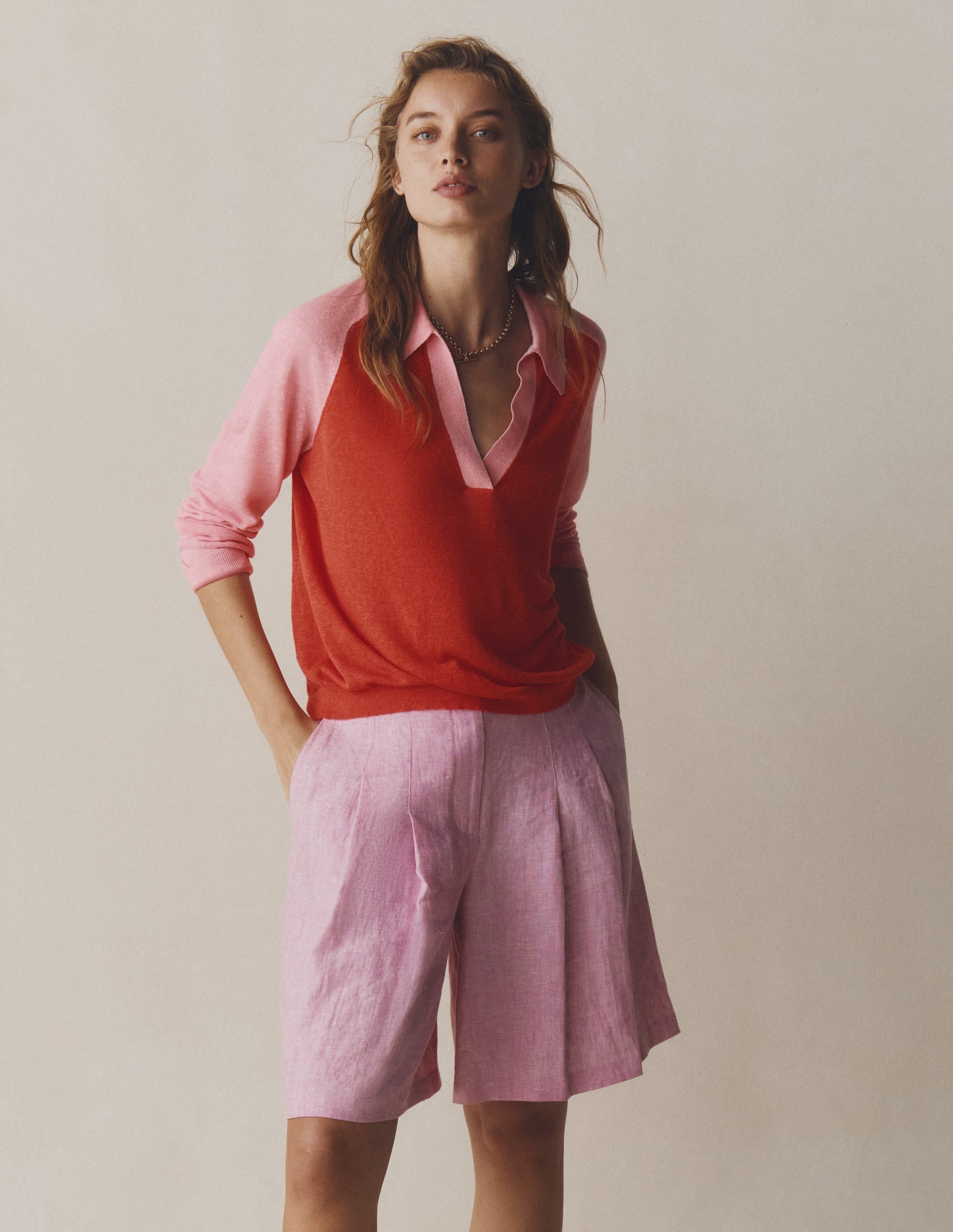 Agnes Collared Linen Jumper-Sunkissed Coral / Formica Pink