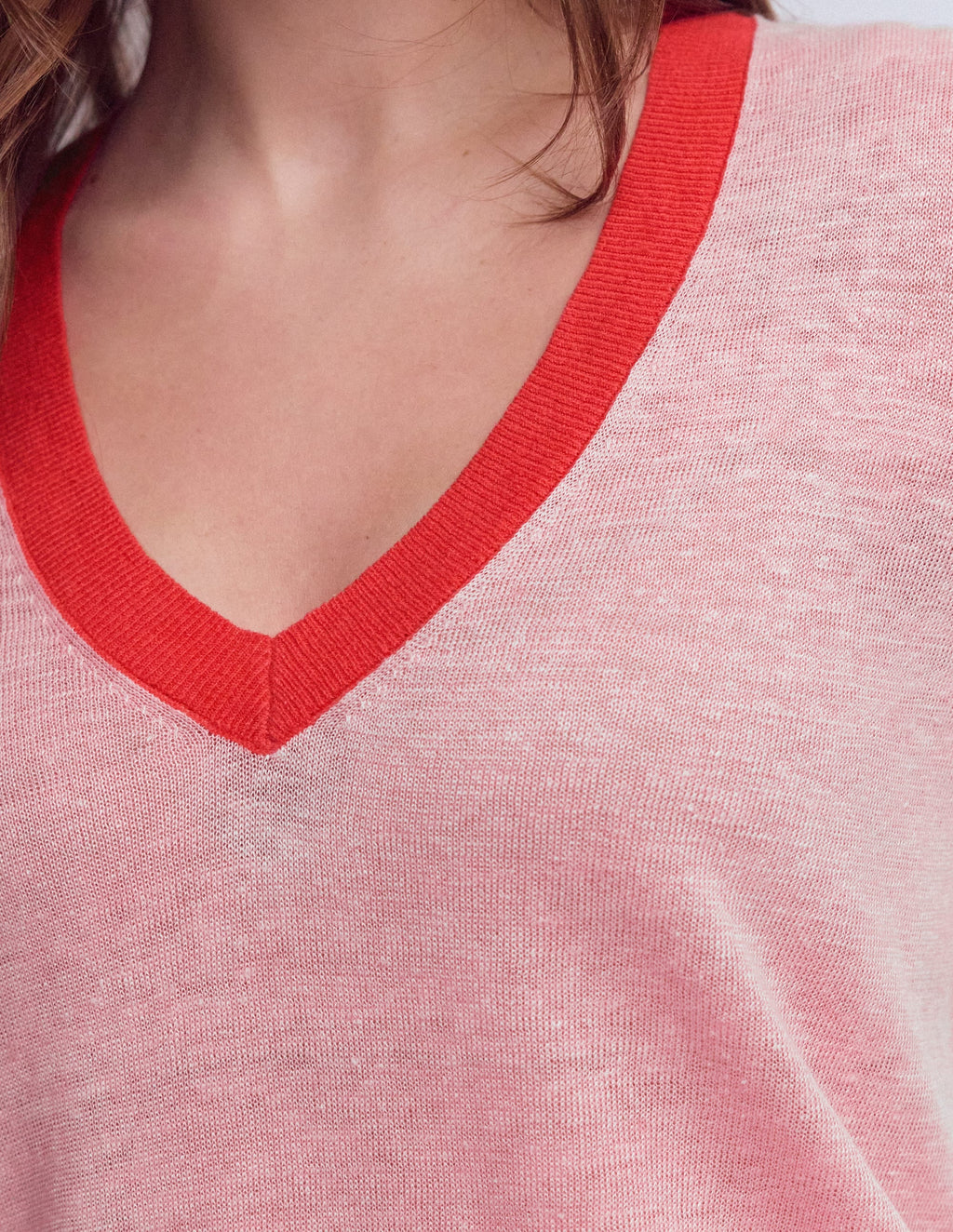 Agnes Linen V Neck T-Shirt-Pink Colour Block