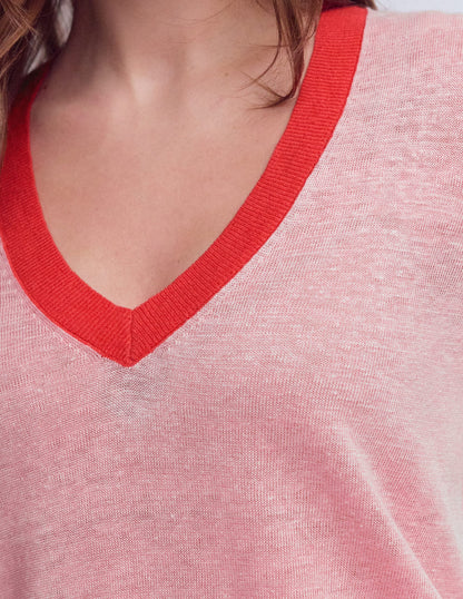 Agnes Linen V Neck T-Shirt-Pink Colour Block